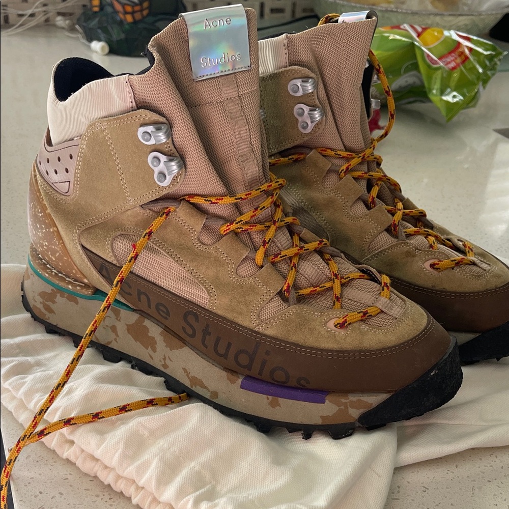 Acne Beige Suede & Tan Speckled Hiking Boots with Teal Accent